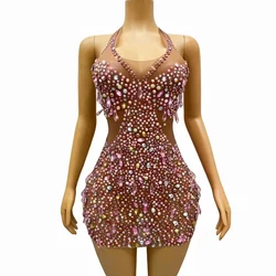 Sexy Luxurios Colorful Pink Pearls Rhinestones Backless Dress Transparent Stretch Outfit Birthday Party Photoshoot Collections