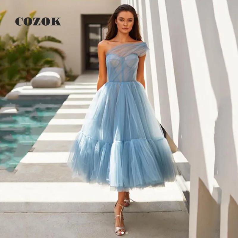 

Short Tulle Tea-Length Prom Gown 2023 One Shoulder Pleat A-Line Party Evening Dresses For Women Vestidos De Gala Custom Size