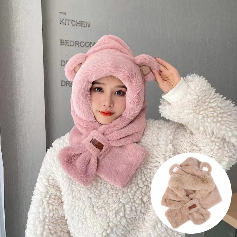 1Pc Bear Scarf One-piece Cap Thickened Warm Ear Protection Hat Cute Winter Hundred Riding Warm Supplies Girls Plush Hat