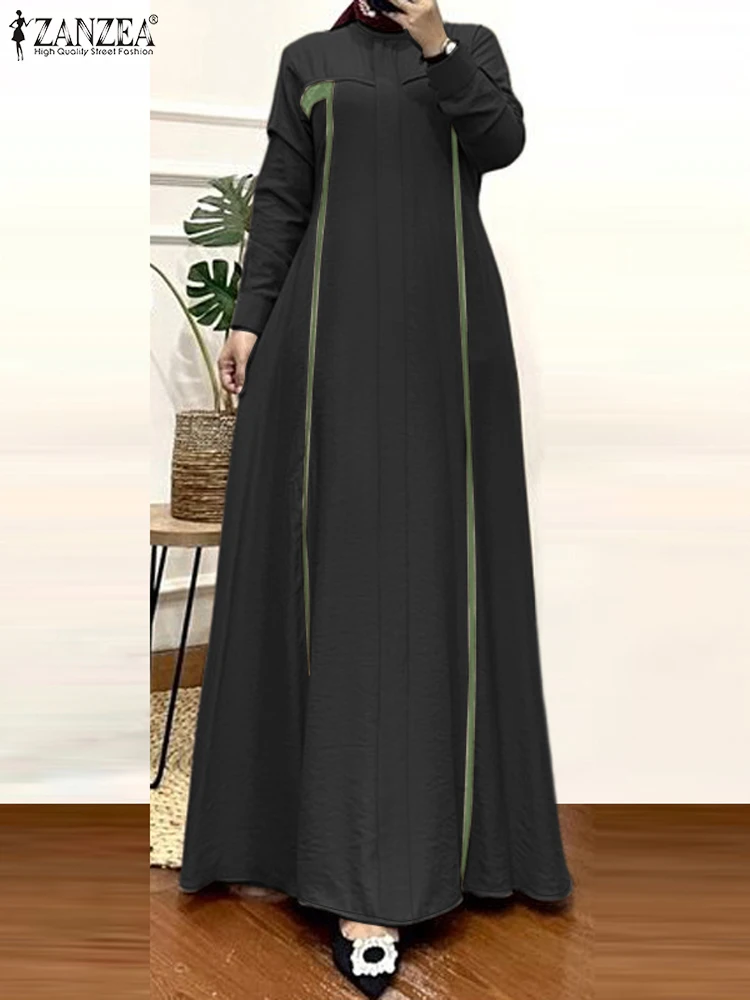 Women Autumn Maxi Sundress 2024 ZANZEA Muslim Hijab Dresses Abaya Fashion Long Sleeve Patchwork Robe Vestidos Islamic Clothing