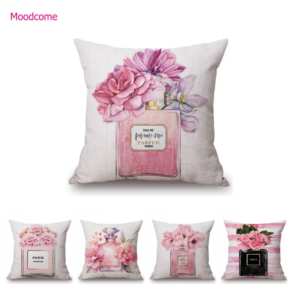 Pink Rose Flower Perfume Bottle Elegant Lady Living Room Decorative Cotton Linen Sofa Throw Pillow Case Luxury Art Cushion Cover