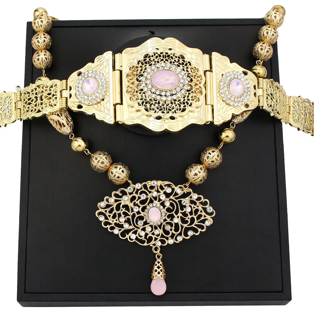 Sunspicems Algeria Morocco Bride Jewelry Sets Gold Color Long Pendant Mecklace Caftan Belt Pink Mintgreen Crystal Body Jewelry