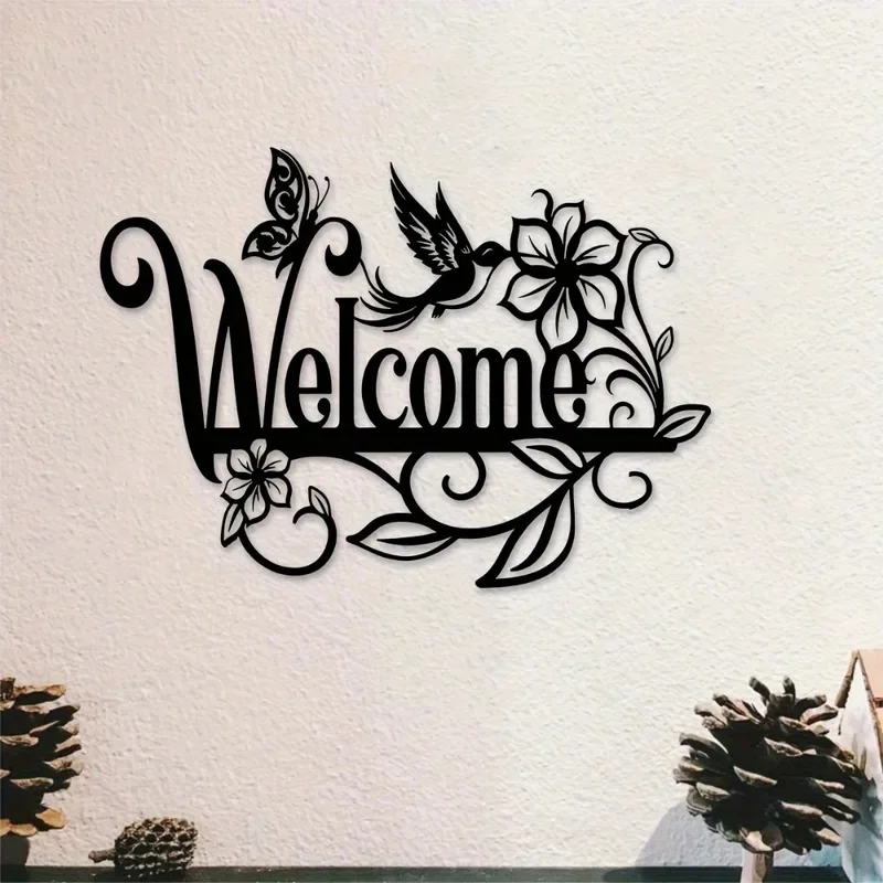 1Pc Black Iron Wall Decor Elegant Cursive Welcome Sign, Metal Floral Bird Art for Home Entryway, 1pc