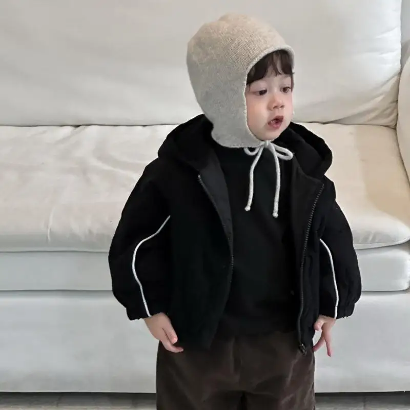 

Плюс бархатное толстое теплое пальто на молнии для мальчиков, однотонная повседневная куртка для девочек, одежда для малышей, новинка зимы 2025, детское пальто с капюшоном и длинными рукавами