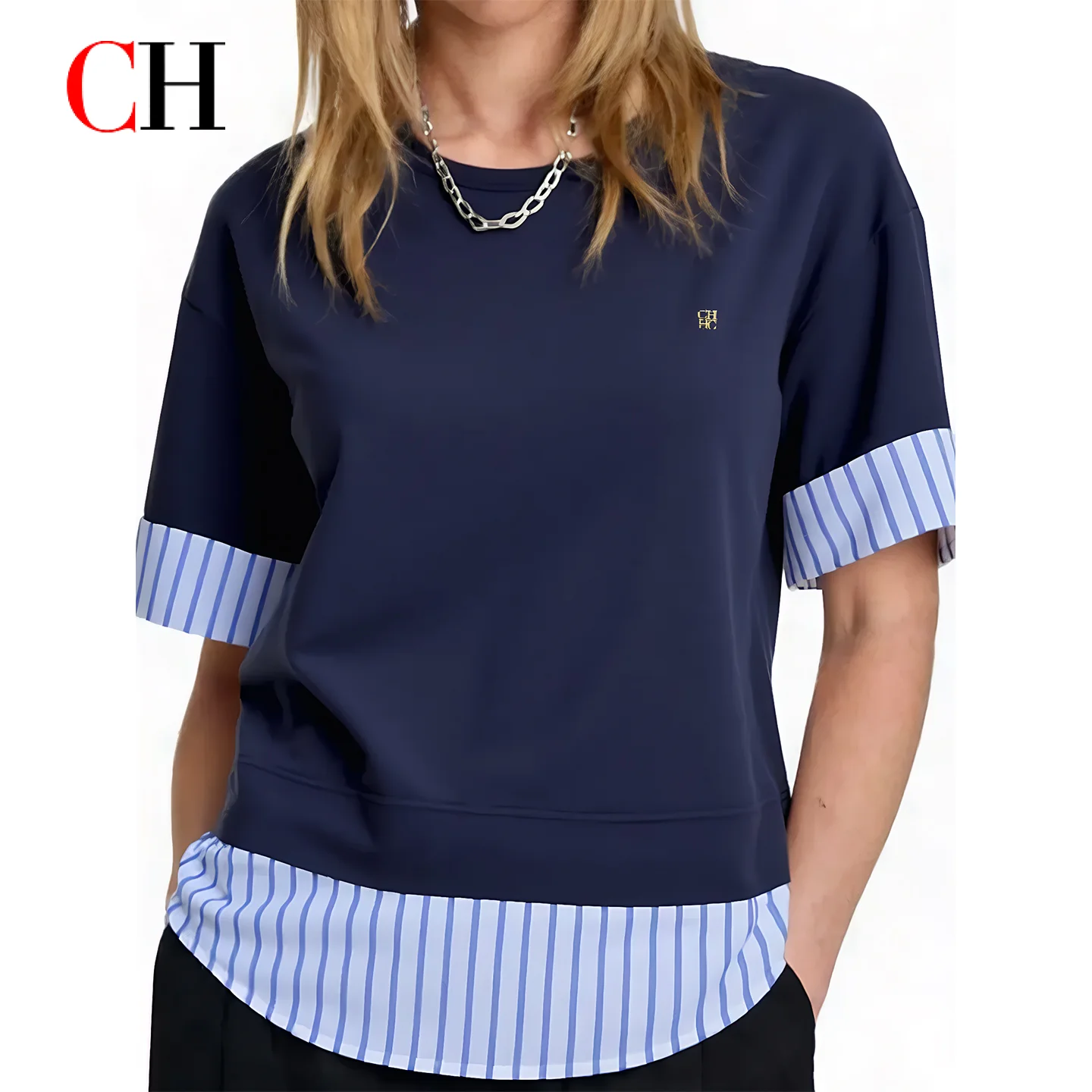 CH Metal Logo Short Sleeve T Shirt Women Stripe Patchwork Fake Two Piece Drop Shoulder Loose Fit Casual Daily Tops
