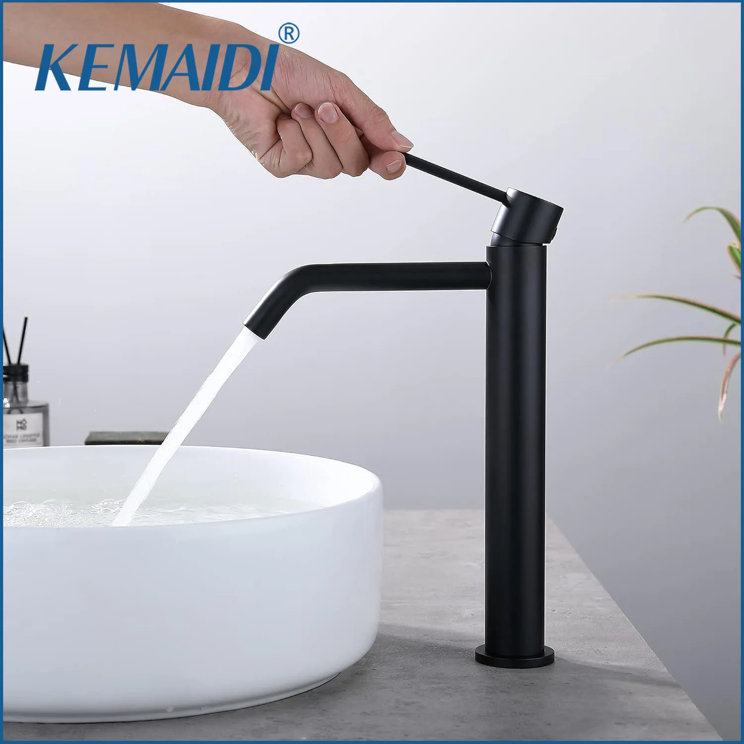 

KEMAIDI Matte Black Bathroom Faucet Tall Countertop Vanity Sink Mixer Tap Hot Cold Mixer Taps Single Hole Basin Faucets Crane