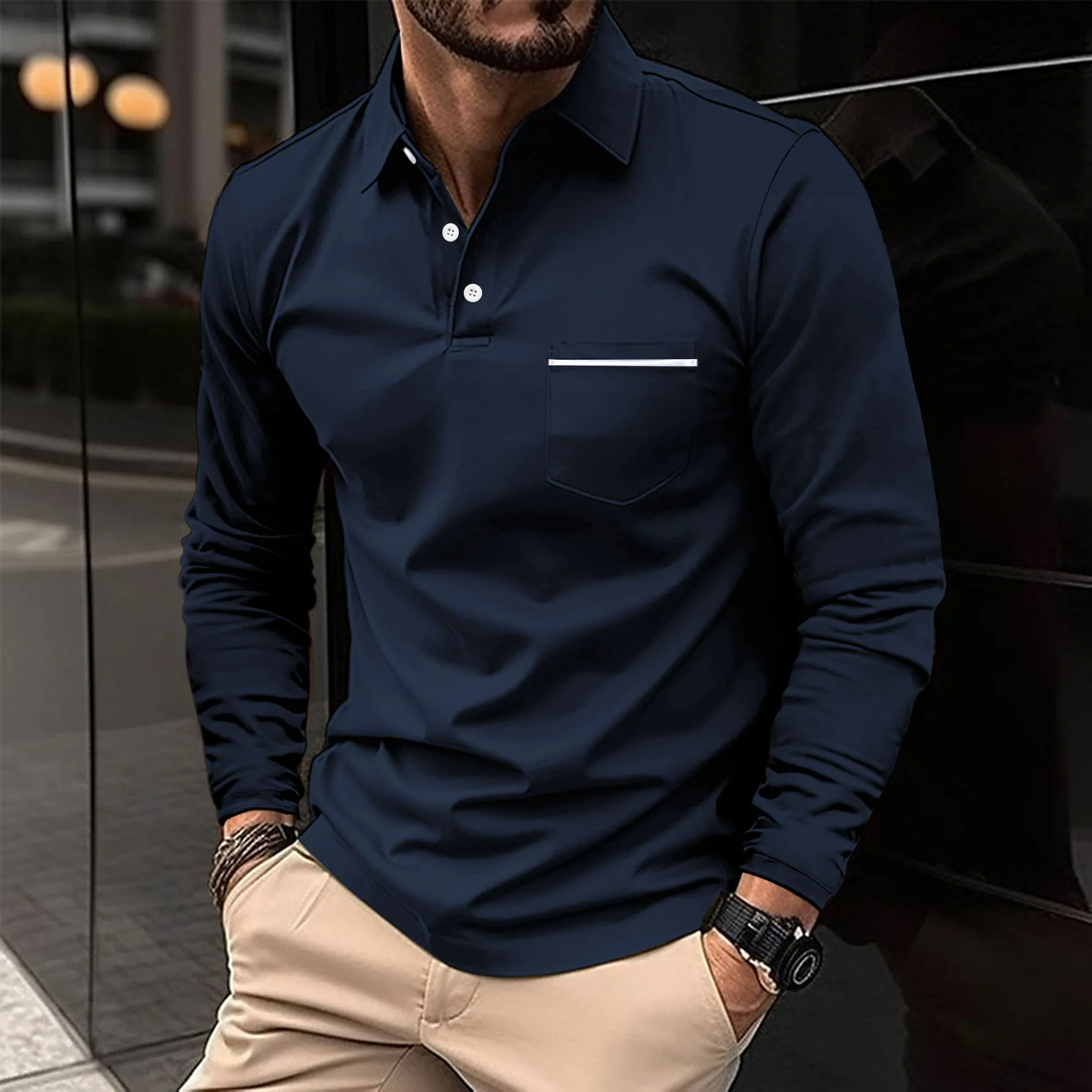 Autumn And Winter New Sports Polo Shirt Men\'s Long-sleeved Casual Lapel Polo Shirt Solid Color Pocket T-shirt