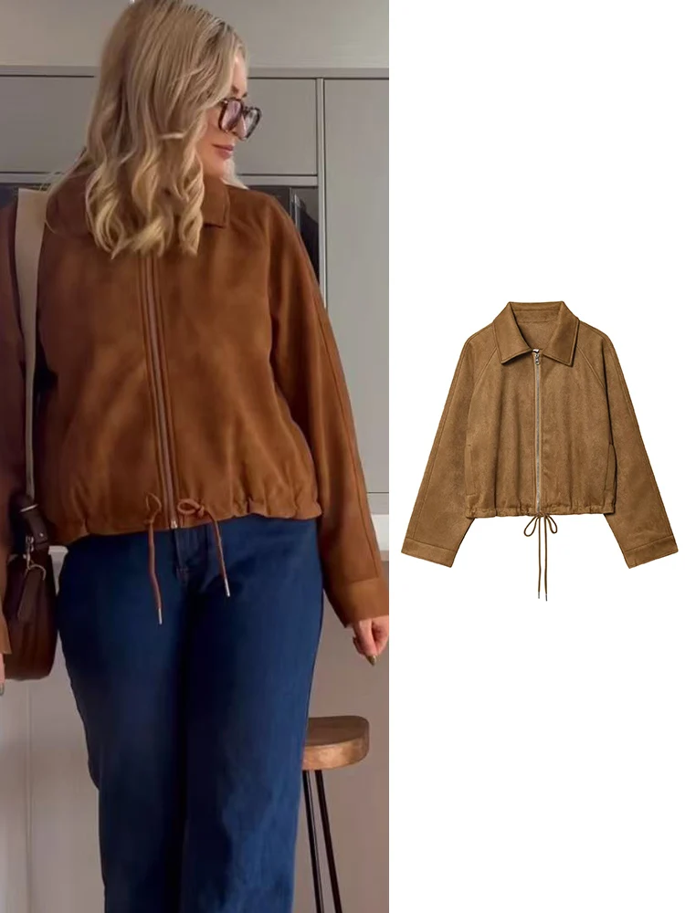 

Women's Jacket New 2025 Long Sleeve Suede Drawstring Design Short Jacket Casual Fashion Personality Versatile Lapel Coat