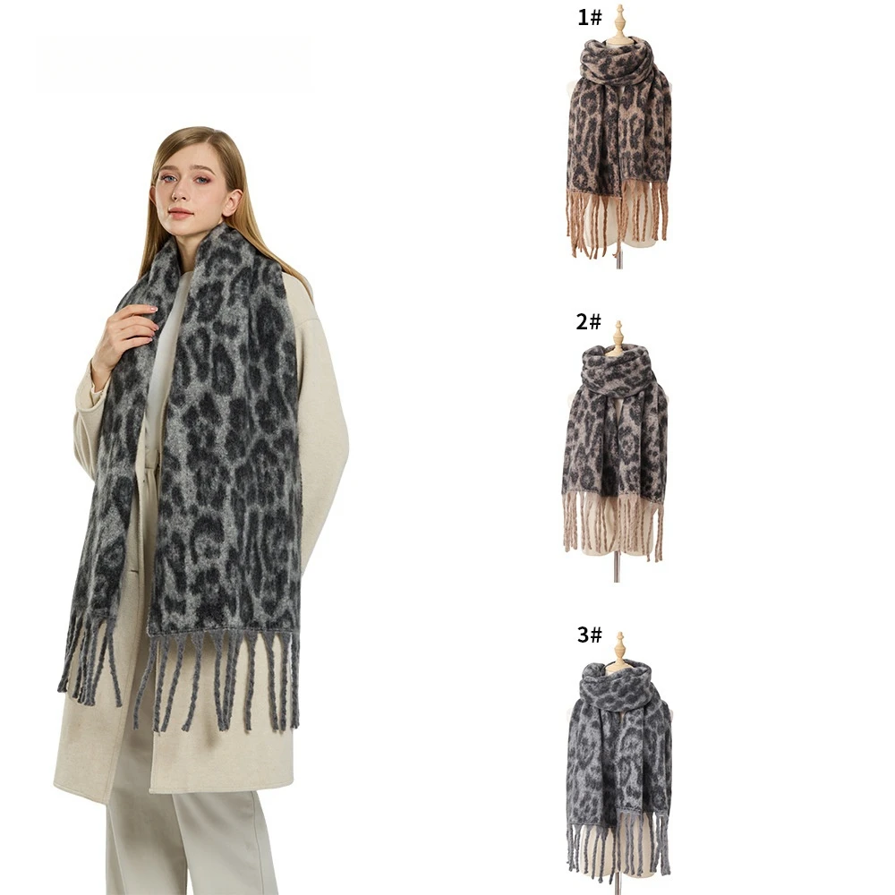 Vintage Leopard Print Fringe Scarf Warm and Soft Thickened Scarves Women's Winter Thermal Shawl Elegant Grey Fashion Neck Warmer