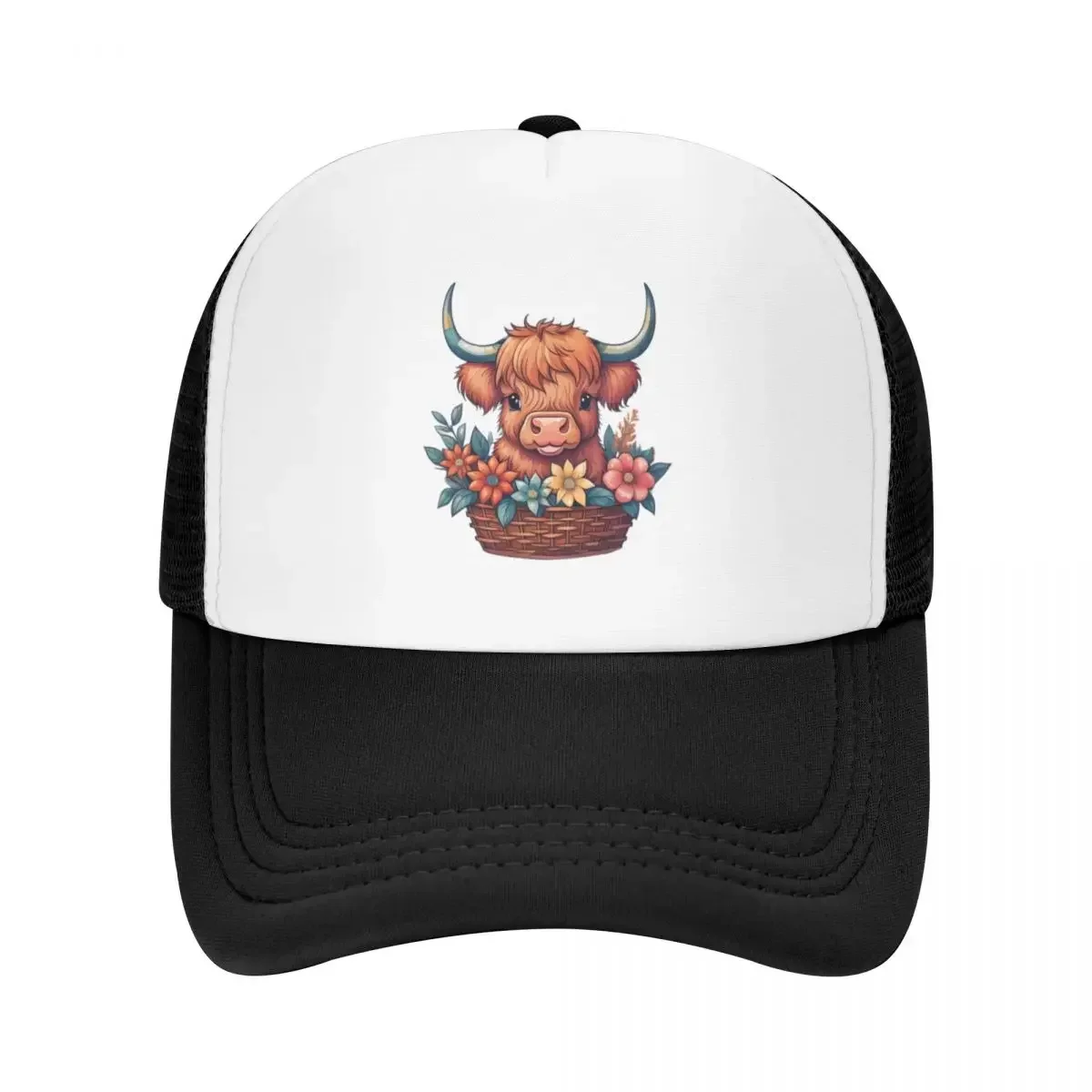 Scottish Highland cow inside floral basket Baseball Cap Hat Beach beach hat Kids Hat Sunscreen Boy Women's