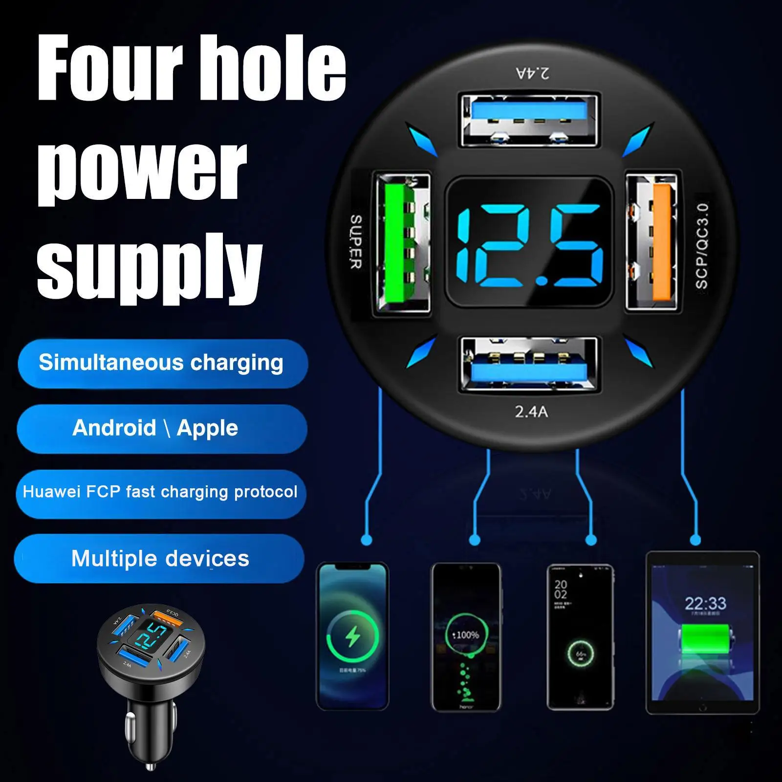 

66W Car Charger Quick Charge Cigarette Lighter Adapter 4-Port USB A+USB C Fast Charging Phone Charger For IPhone B8Q1
