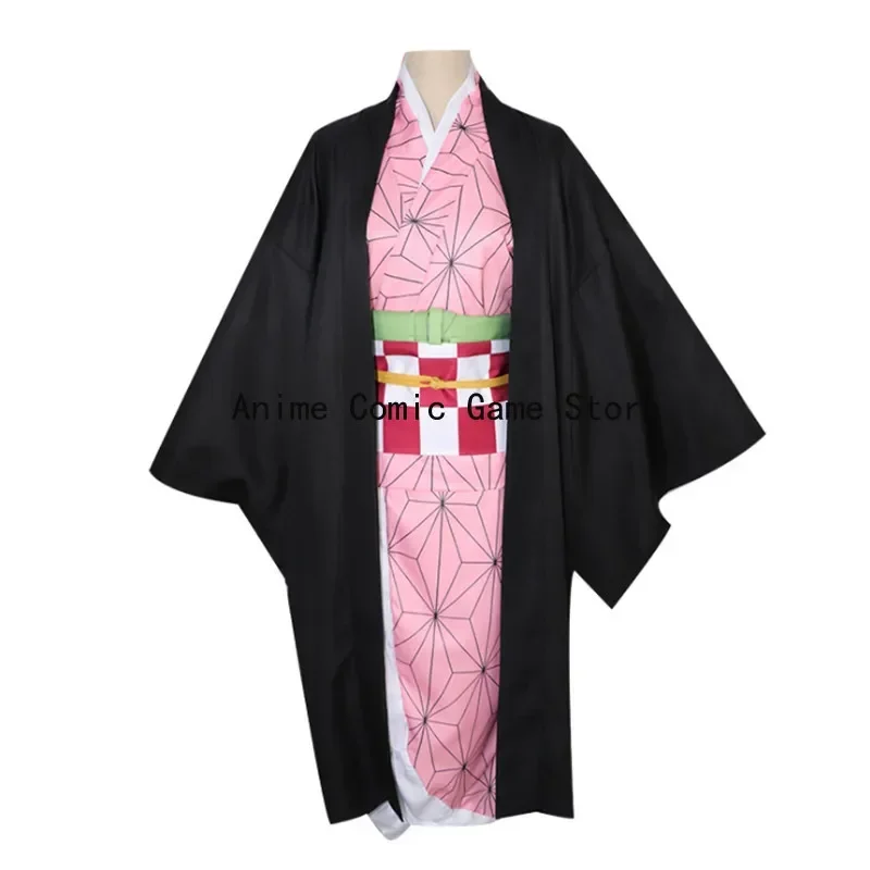 Nezuko Kamado Cosplay Traje com Peruca para Mulheres, Conjuntos Completos, Uniforme de Kimono Anime, Roupas de Halloween, Meninas, Em Stock