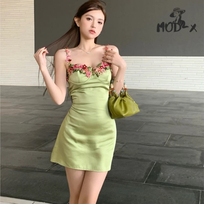 Embroidered Satin Halter Dress for Female Pure Desire Sexy Hip Wrap Skirt Slim Seaside Holiday Style A-line Skirt Green and Pink