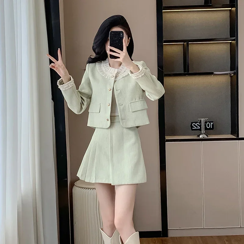 Spring Autumn New Pink Elegant Long Sleeves Coat A-line Half Skirt Suits Regular Fit Trajes De Mujer Conjunto 2 Piezas Elegantes