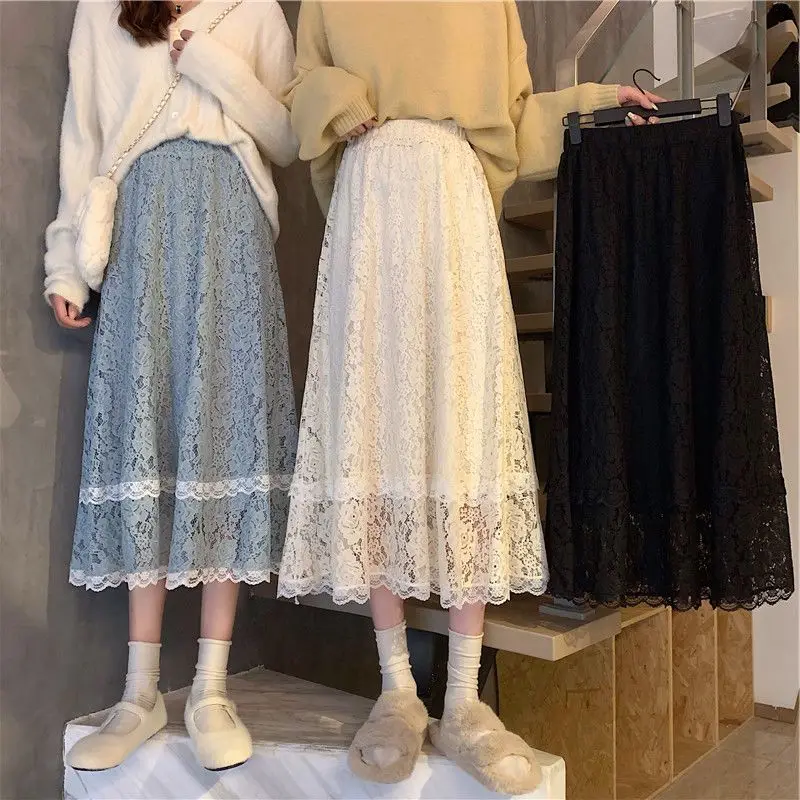 Kawaii Skirt for Women Spring Summer Black Long Skirts for Women Fashion Lace Skirt 2024 New Spring Summer Mid Length Skirt