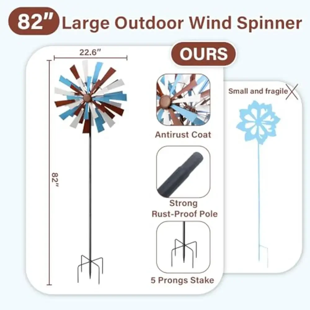 Large Outdoor Metal Wind Spinner Sculpture with 5 Sturdy Stakes Quadruple Kinetic Design Adjustable Height Heavy Duty Smooth