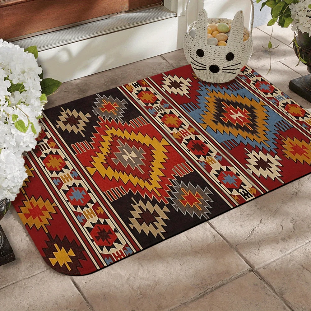 1pc, Vintage Style Door Mat, 0.47inch Thickened Sponge, Floral And Tribal Elements Pattern, Fleece, Non-Slip And Machine Washabl