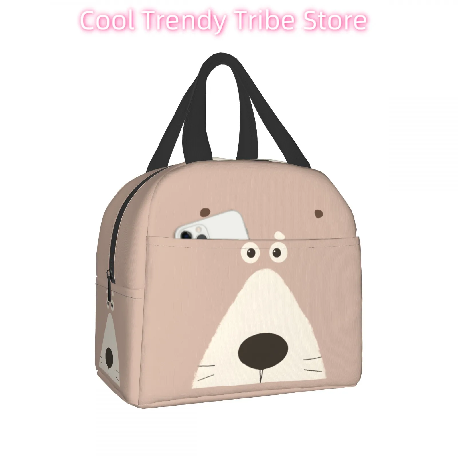 Adorable Light Pink Lunch Bag with Cute Cartoon Animal Face, Charming for Kids and Animal Lovers, Convenient Front Pocket