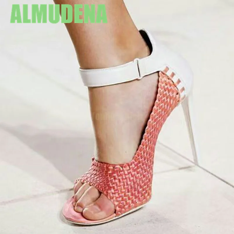 

Knitted Pu Leather Patchwork High Heels Fashionable Ankle Strap Buckle Design Slim Heel Sandals Sandalias De Mujer Verano