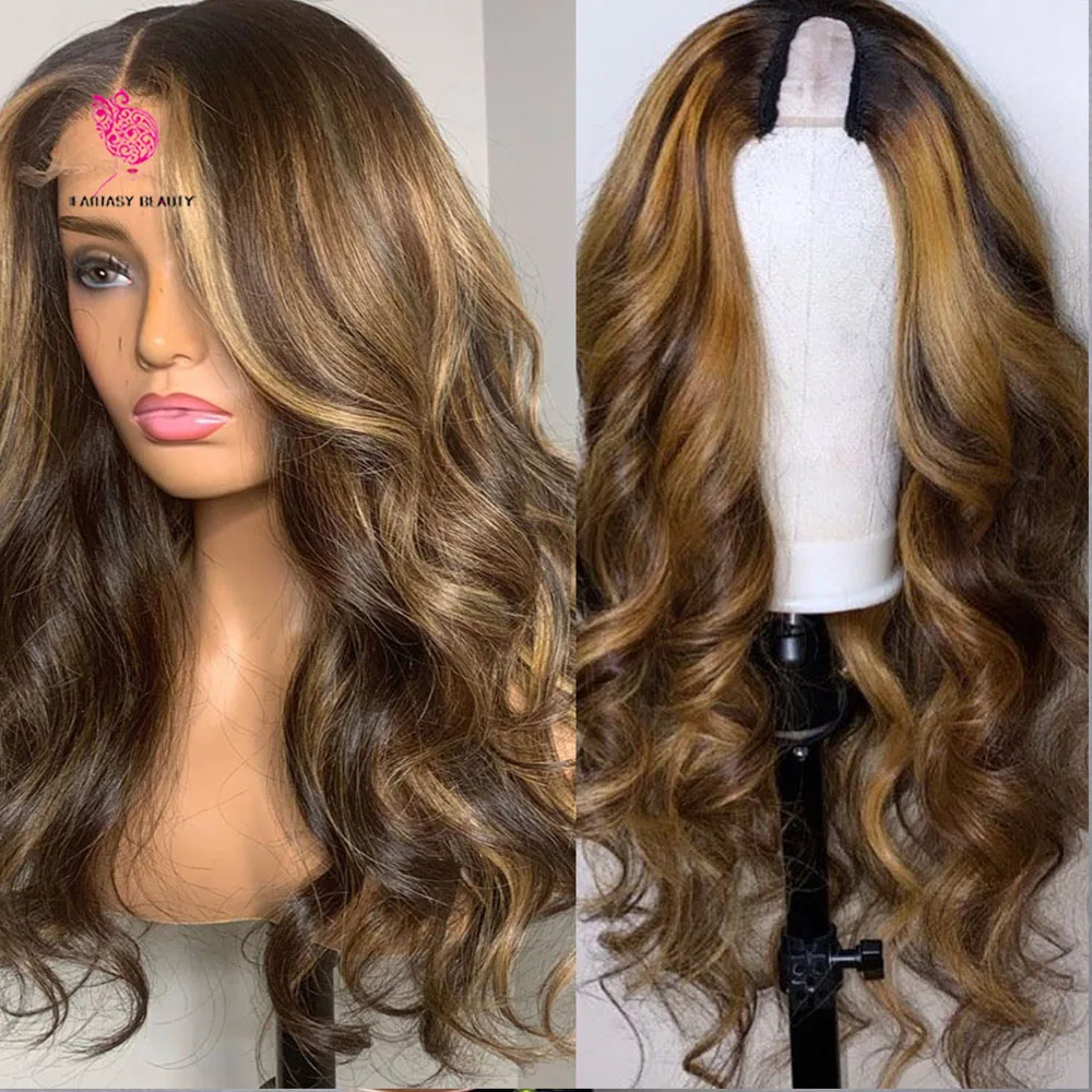 

180% Full Density Blonde Highlight U Part Wig 100% Human Hair Glueless V Part Wig Body Wave Ushape With Black Roots For Women