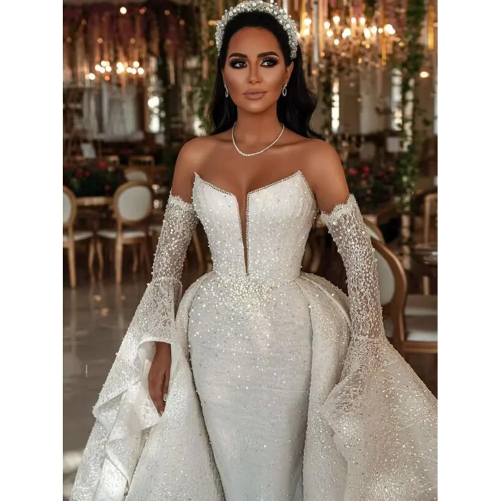 Luxury Wedding Dresses V-neck Floor Length Mermaid Three Quarter Sleeves Pearls Sequins Detachable Train Women Banquet Gowns