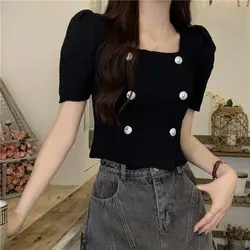 French Style Temperament Chic Summer New Commuter Square Collar Short-sleeved Knitted T-shirt Women's Summer Crop Top