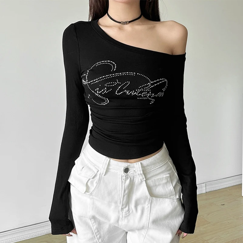 Xingqing y2k Clothes Women Rhinestone Tops Letter Print Slash Neck One Shoulder Long Sleeve T Shirts 2000s Clothing Streetwear