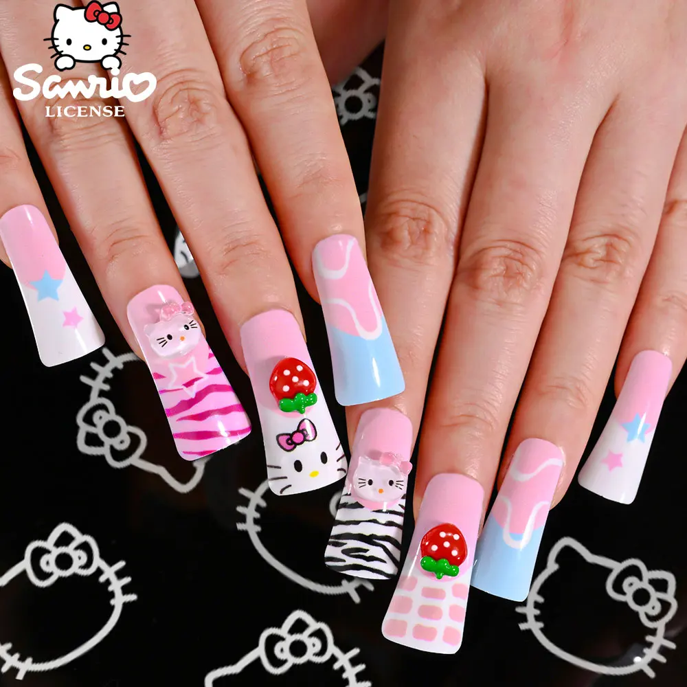 24/12pcs ปากเป็ดเล็บปลอมสีชมพู Nude Sanrio น่ารัก Hello Kitty เคล็ดลับฝรั่งเศสกดบนเล็บปลอม 3D Rhinestone Duckbill เล็บ
