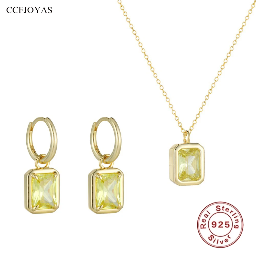 

CCFJOYAS 100% 925 Sterling Silver Square Olive Yellow Zircon Pendant Necklace/Earrings Set Women Light Luxury Fine Jewelry Set