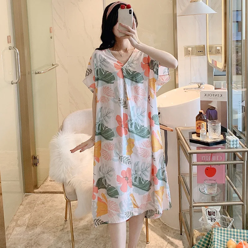 Summer Women Nightdress Short Sleeved V Neck Nightgowns Floral Printed Casual Sleepwear Pyjamas Girls Sleepdress Female Homewear