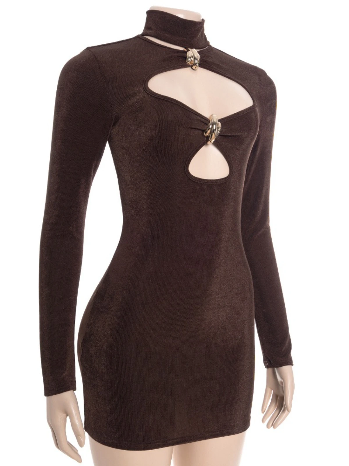 SsTss Sexy Hollow Out Bodycon Mini Dress for Women Elegant Turtleneck Metal Ring Long Sleeve Slim Fit Cut Out Club Party Dress