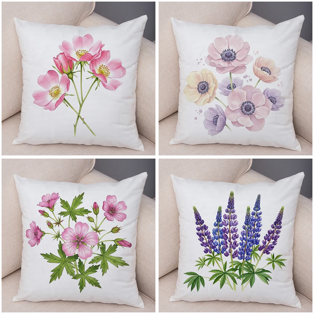 Pink Rose Bouquet Pillowcase Double Print Pastel Anemone Cushion Cover Soft Plush Pink Geranium Pillowcase for Sofa Home Car