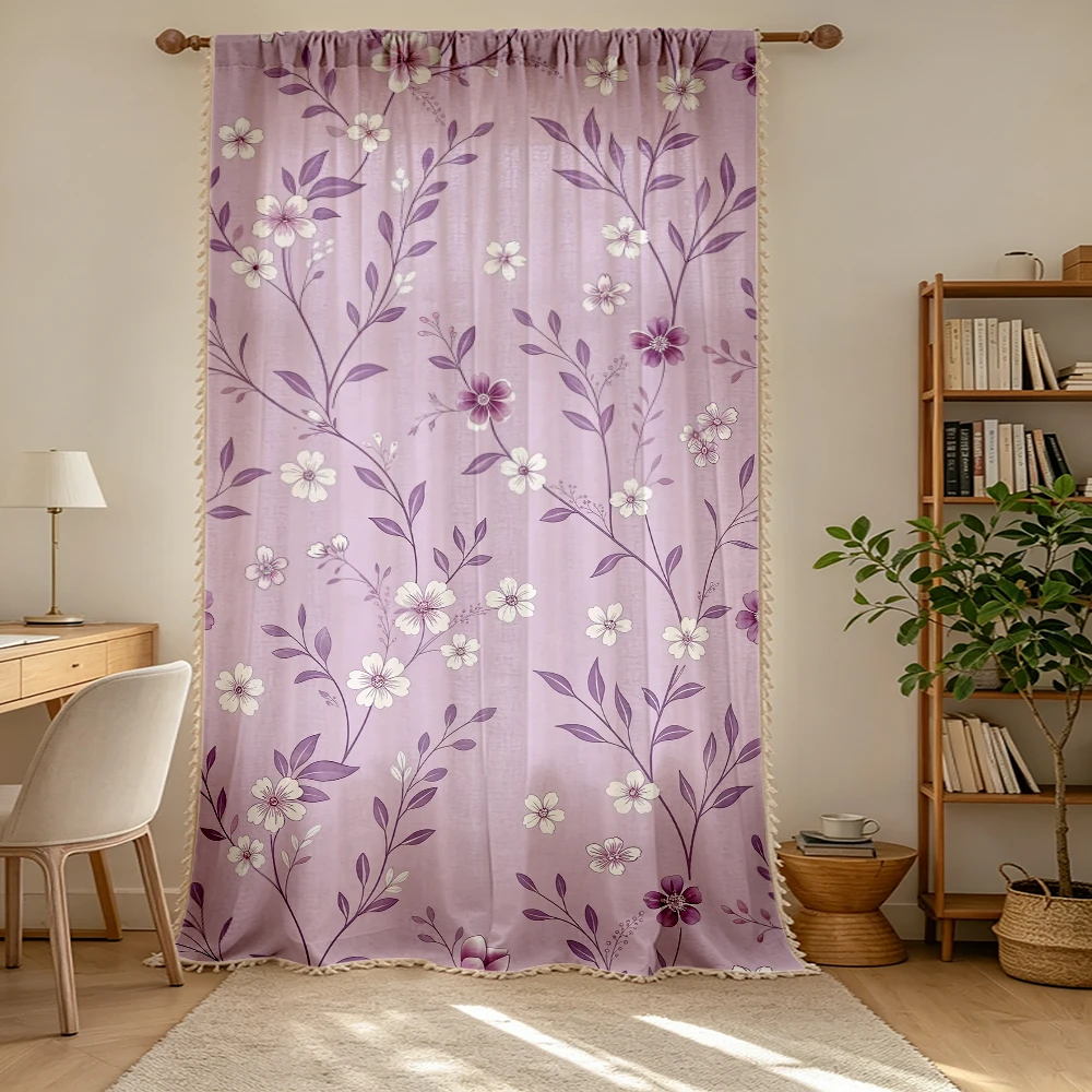 1PC Floral Tassel Sheer Curtains, Purple Flower Vine, Digital Print, Polyester, Bedroom Living Room, Rod Pocket, Home Decor