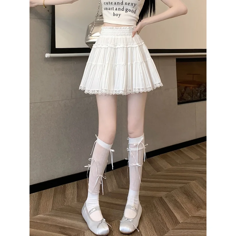 Women Summer Mini Skirt Girl Cute Sexy Elastic High Waist Ball Gown Ruffle Short Skirts for Woman Sweet Y2K Lace Halfskirt