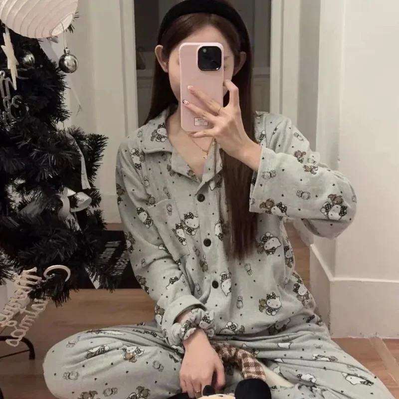 

Женские сексуальные пижамные комплекты Kawaii, студенческие зимние утепленные пижамные комплекты с длинными рукавами, длинные брюки De Rong, домашняя одежда, новинка