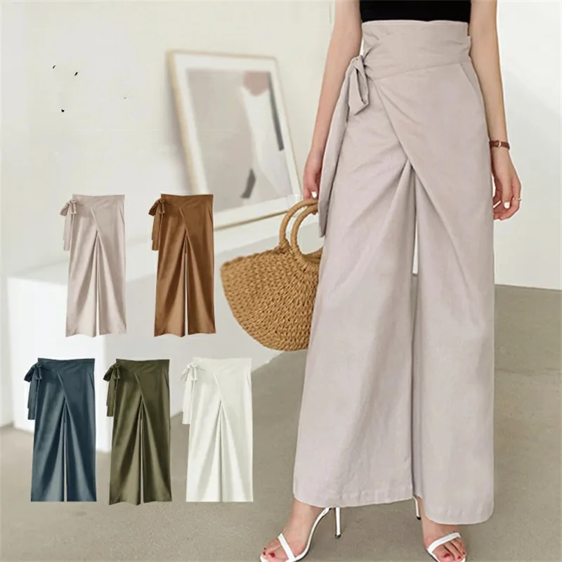 

Leisure Women's Simple Solid Color Wide Leg Pants 2022 Summer Fashion Elegant Lace up Cotton Hemp Casual Pants 9 Color Real Shot