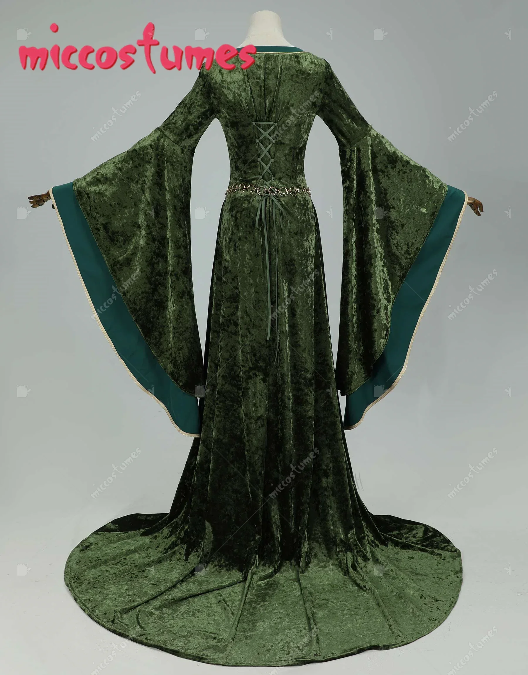 MICCOSTUMES عصر النهضة القرون الوسطى نمط Elinor مشتق طويل الأكمام واسعة فستان أخضر مخملي وسلسلة الخصر تأثيري حلي
