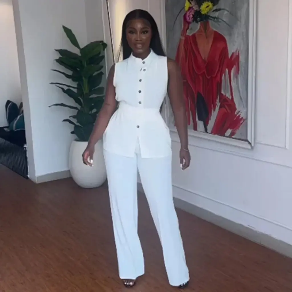 

Women's Summer Fashion Stand Collar Sleeveless Top with Lace-Up Waist And Wide Leg Trousers Suit European And American Style