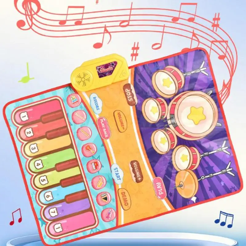 Piano Drum Mat Musical Instruments Toy with 2 Sticks 2 In 1 Musical Mat 8 Instrument Sounds Sensory Learning Toys for Kids