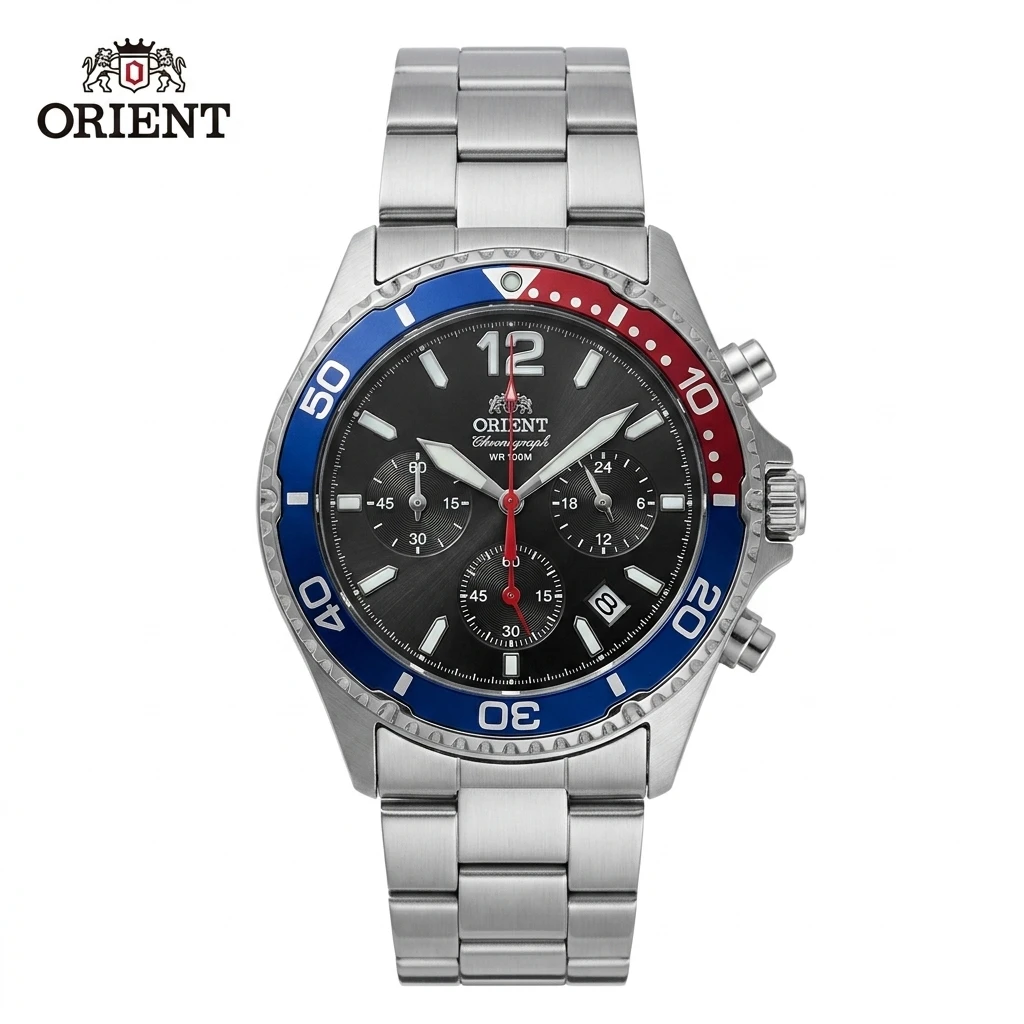 Orient Japan Mako Sport Diver Watch Solar Chronograph Quartz 200M Water Resistant Luminous Date Stainless Steel Bracelet