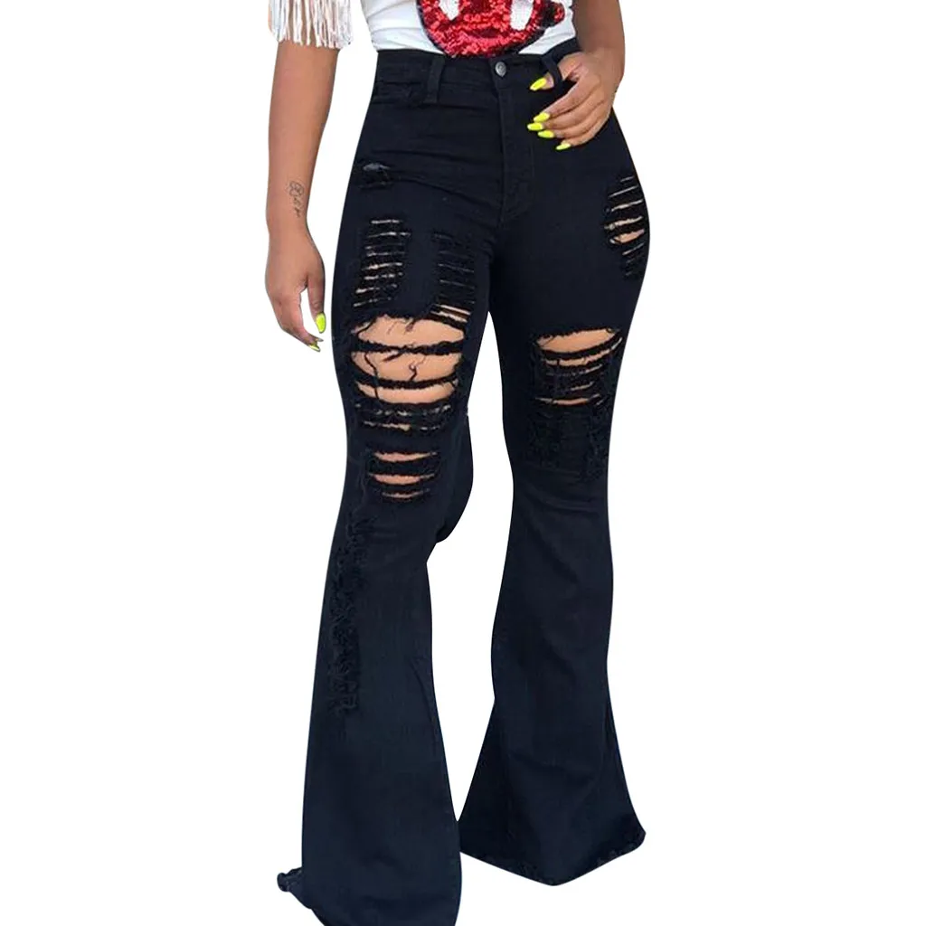 Hole Casual Flares Denim Button Jeans Fashion Zipper Ripped Trousers Women Pants Women\'s Jeans Womens Pants with Pockets