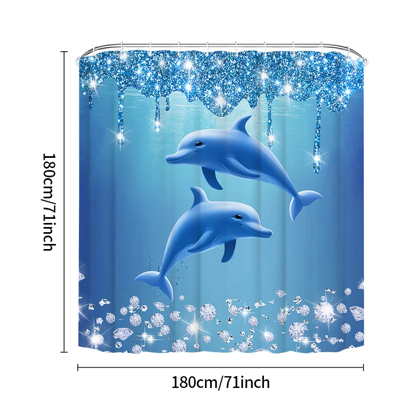 YOMDID 1/4pcs Shining Diamond Dolphin Printed Shower Curtain Set Shower Curtain With Hooks Blue Decorative Bathroom Curtain