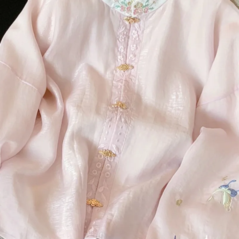 OCEANLOVE Pink Embroidered Shirts&blouses Women Tops Chinese Style Vintage Elegant Fashion Blusas Mujer Spring Autumn Camisas