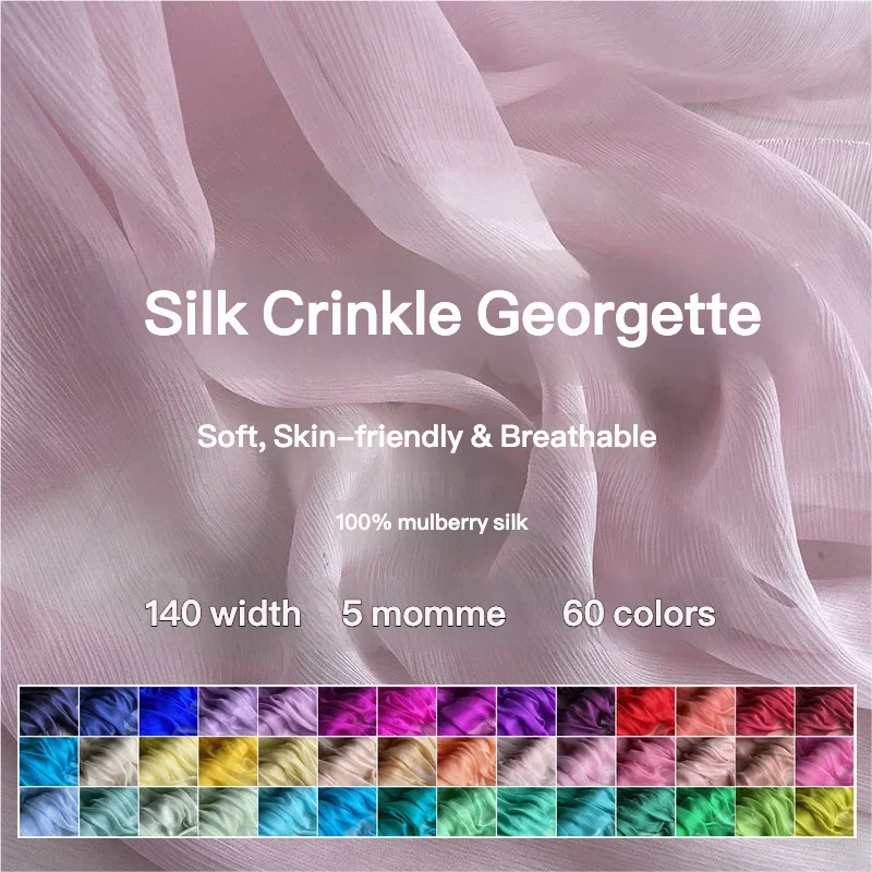 

140cm Wide Mulberry Silk Crinkle Georgette Fabric,Sheer Solid Crinkled Soft Skin-Friendly Breathable Silk For Dress Evening Gown