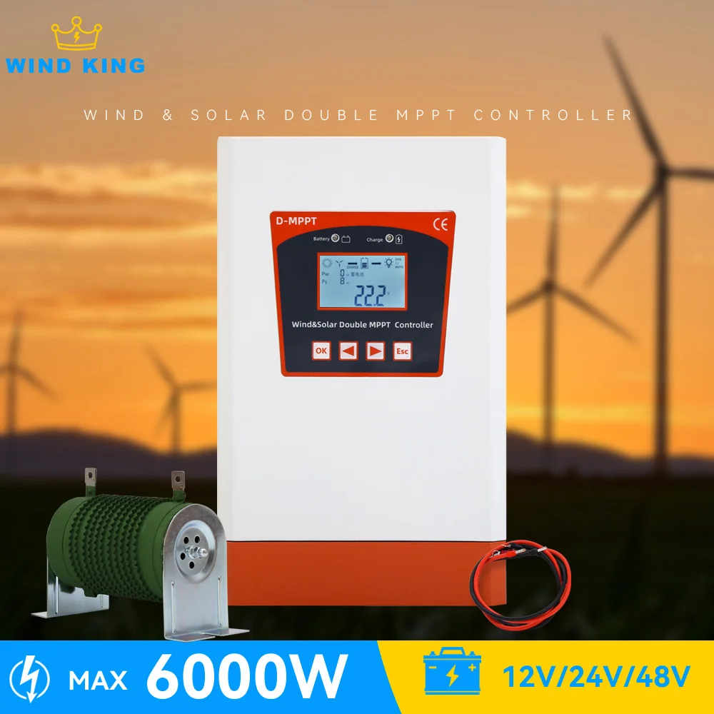 Home Use Max 6000W Double MPPT Hybrid Charge Controller Better Efficiency Solar & Wind Hybrid System 12v 24v 48v Auto