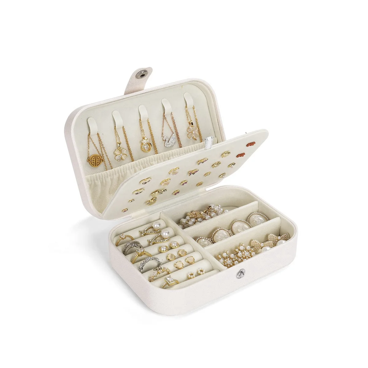 

Double Layer Travel Jewelry Organizer PU Leather Portable Small Travel Jewelry Case for Women Girls,White