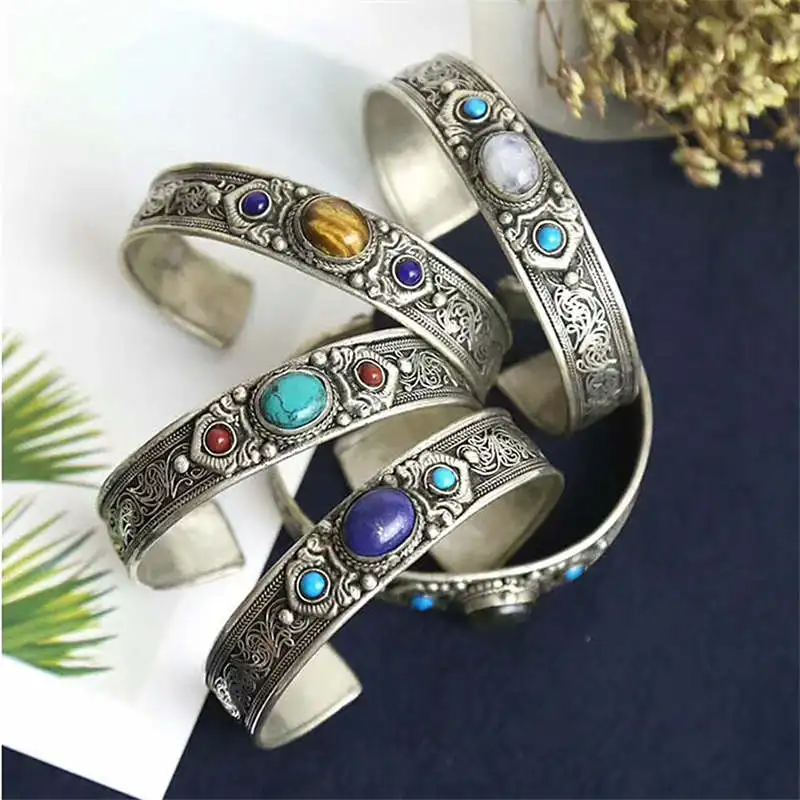 Tibetan Jewelry Copper Inlay Natural Stone Bead Wide Open Cuff Multi Stones 2024 Fashion Trend BB-007