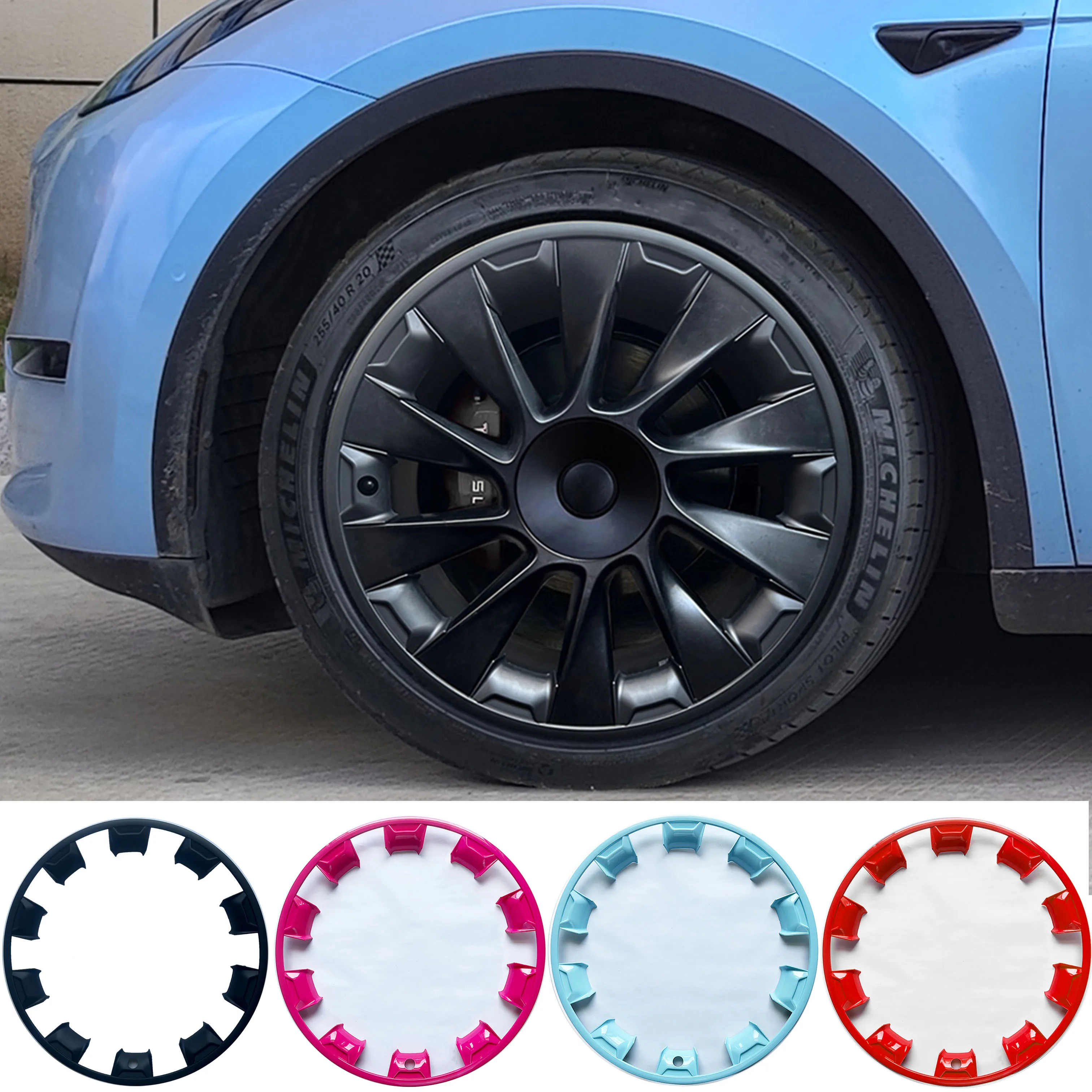 4 pcs Hub cap protective edge cover, steel rim cover for tires, border and hub cover suitable for Tesla Model Y 20-inch