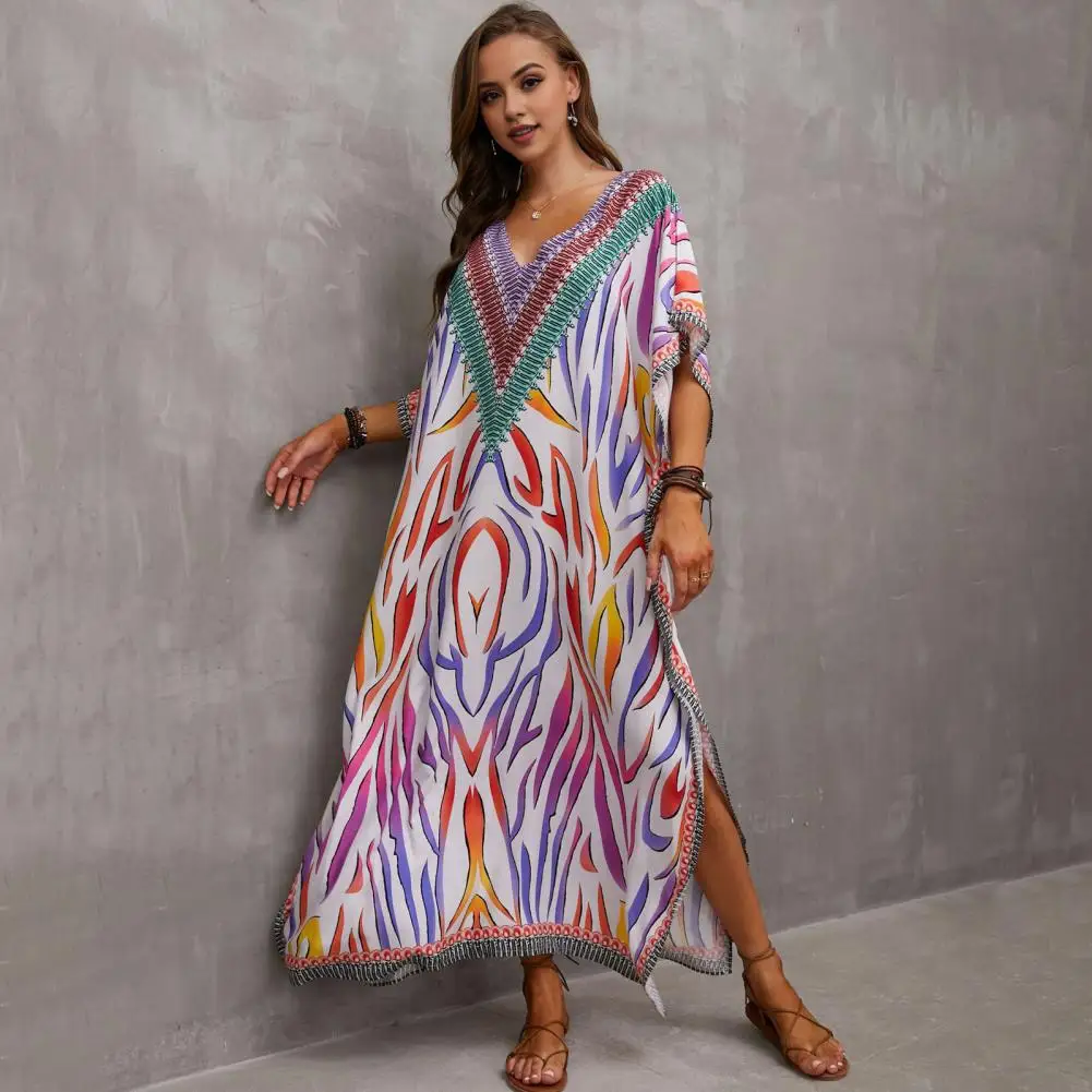 Rayon Beach Cover Up Vibrant Color Print Beach Cover Up Dress V-neck Short Sleeve Loose Fit with Side Slit Swimsuit for Vacation