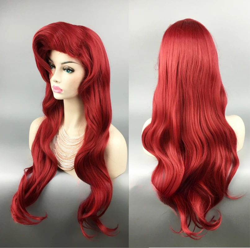 70cm Wig merah duyung kecil tubuh rambut palsu bergelombang sintetis Wig Cosplay putri Ariel Wig peran bermain kostum